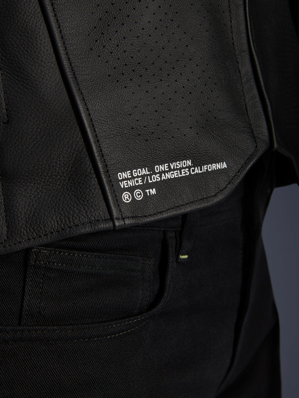 Close-up of the Alpinestars Atem V5 Leather Jacket in Black, featuring the lower back panel with 'ONE GOAL. ONE VISION. VENICE / LOS ANGELES CALIFORNIA' branding and perforated leather texture.