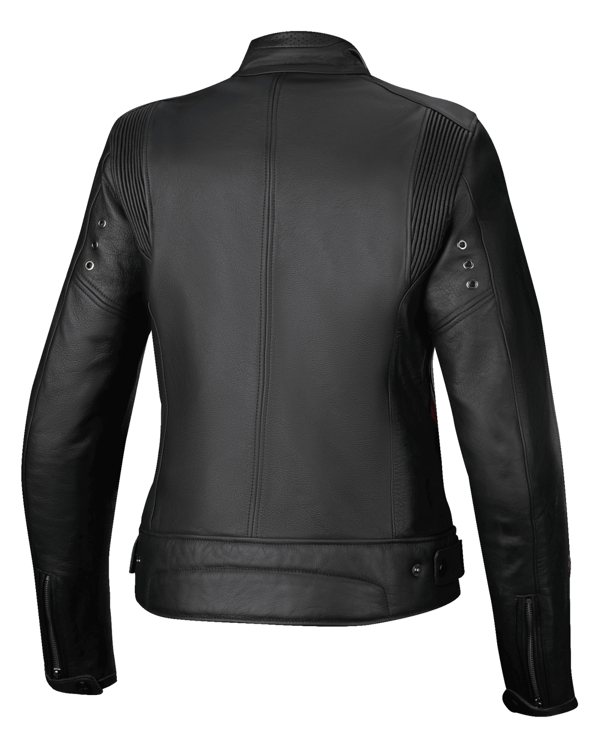 Alpinestars Stella Dyno Leather Jacket, women's urban motorcycle jacket, rear view, Black with red accents, premium bovine leather construction