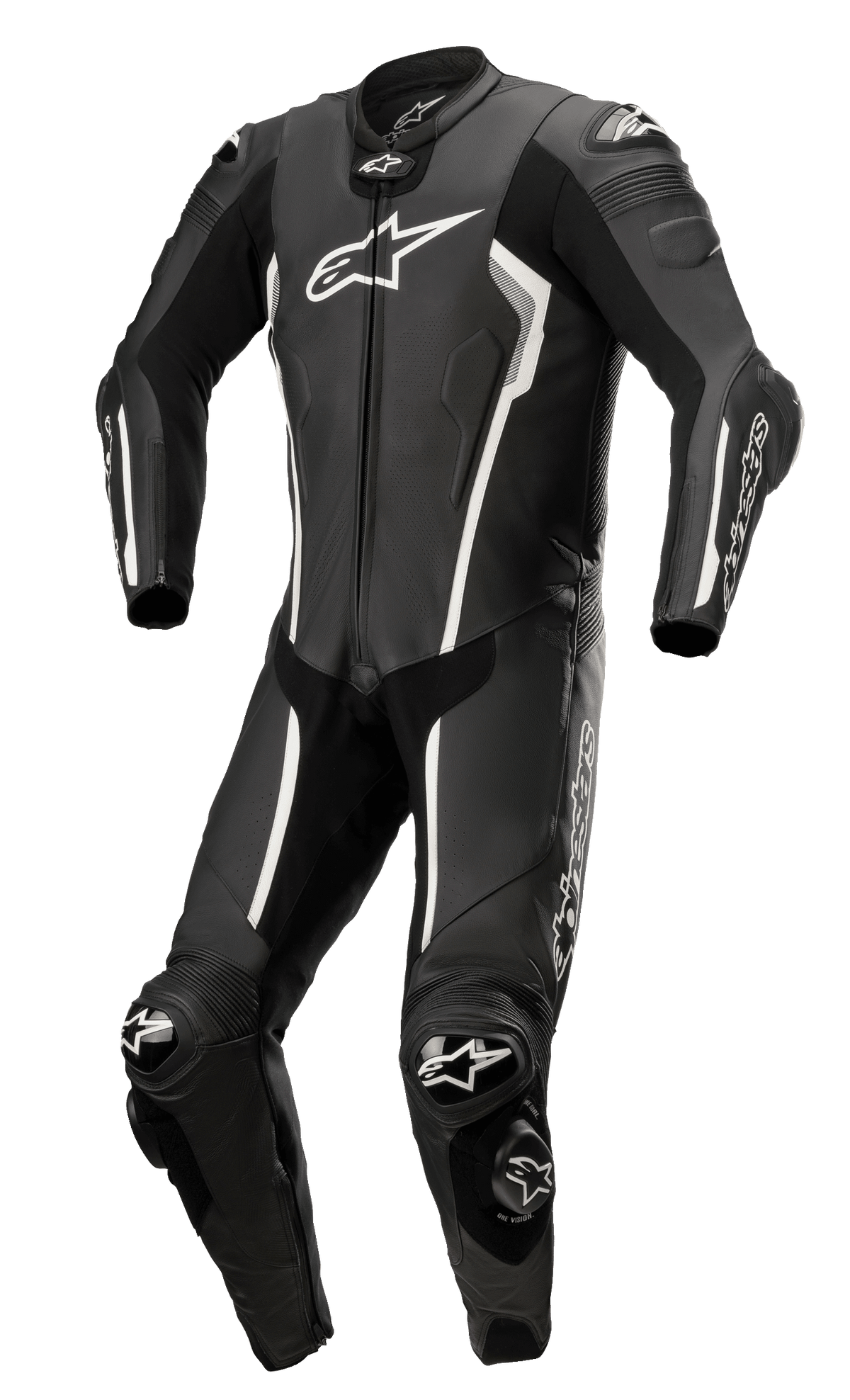 Alpinestars Missile V2 1-Piece Leather Suit, Black and White, Motorcycle Racing Suit, aerodynamic design with knee and elbow protection, perforated ventilation panels, CE certified, premium leather construction for track performance