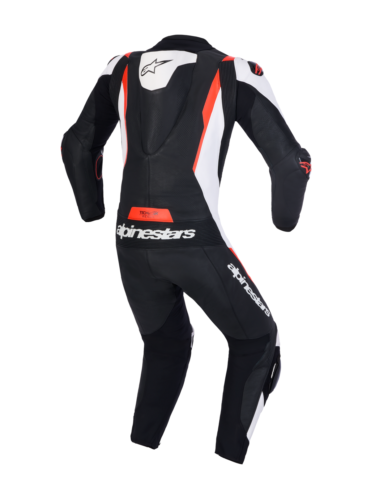 Alpinestars Missile V3 Leather Suit 1-Piece, Motorcycle Racing Suit, Black White and Red Fluo, AAA CE Certified, race-grade bovine leather construction with back hump and aerodynamic armor