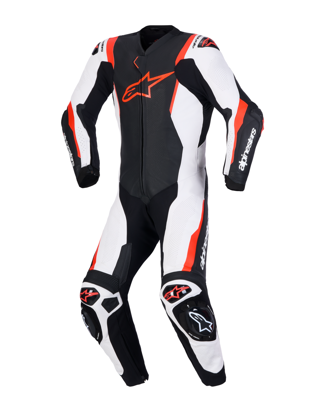 Alpinestars Missile V3 Leather Suit 1 Pc, Motorcycle Racing Suit, Black, White and Red Fluo, AAA CE Certified with DFS armor and race-grade bovine leather construction