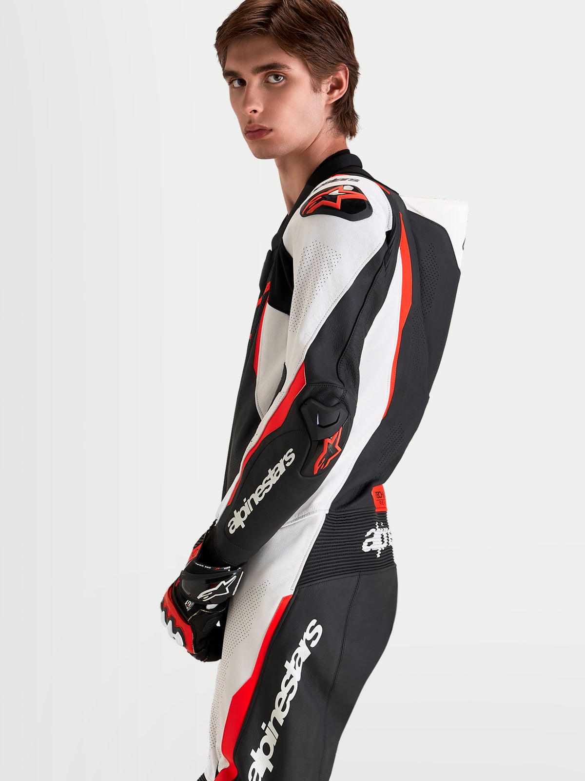 Alpinestars Missile V3 Leather Suit 1 Piece, men's motorcycle racing suit, Black White and Red Fluo, AAA CE certified leather construction with aerodynamic speed hump and integrated armor