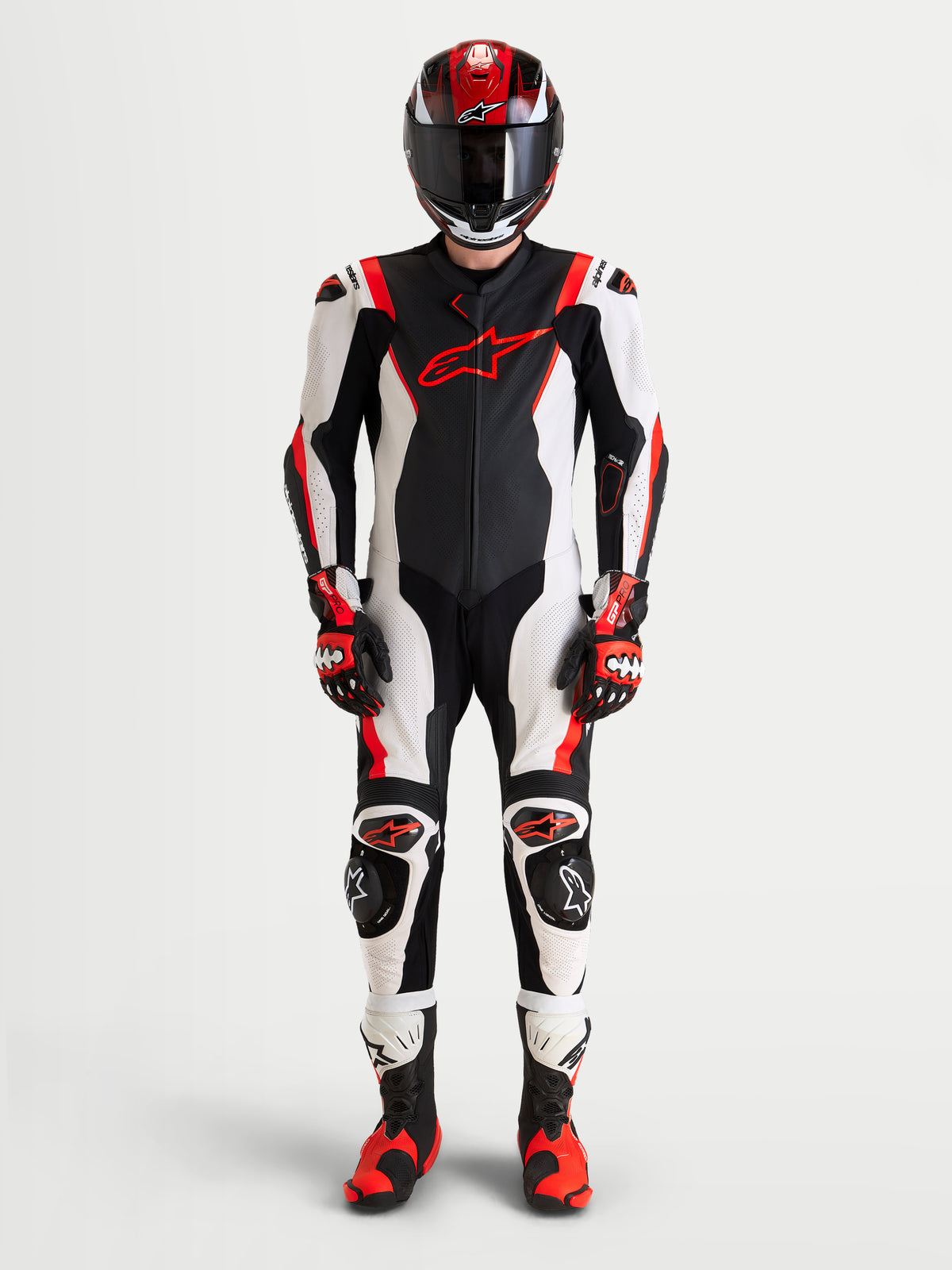 Alpinestars Missile V3 Leather Suit - 1 Piece, men's motorcycle racing leather suit, Black, White and Red Fluo, AAA certified with integrated protection and matching helmet