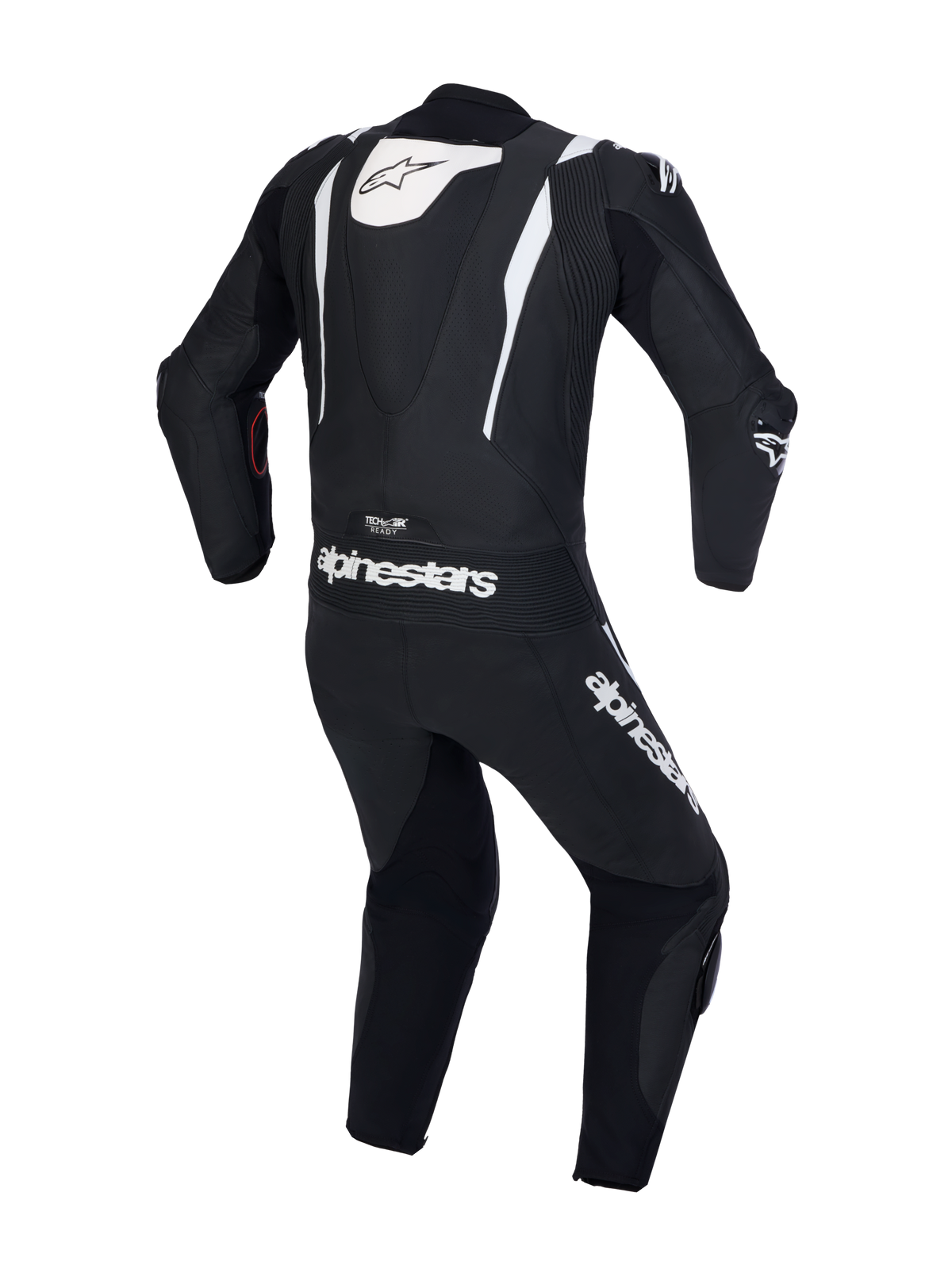 Alpinestars Missile V3 1-Piece Leather Suit, Black and White, rear view showing aerodynamic speed hump, DFS armor, and branding details for motorcycle trackday racing