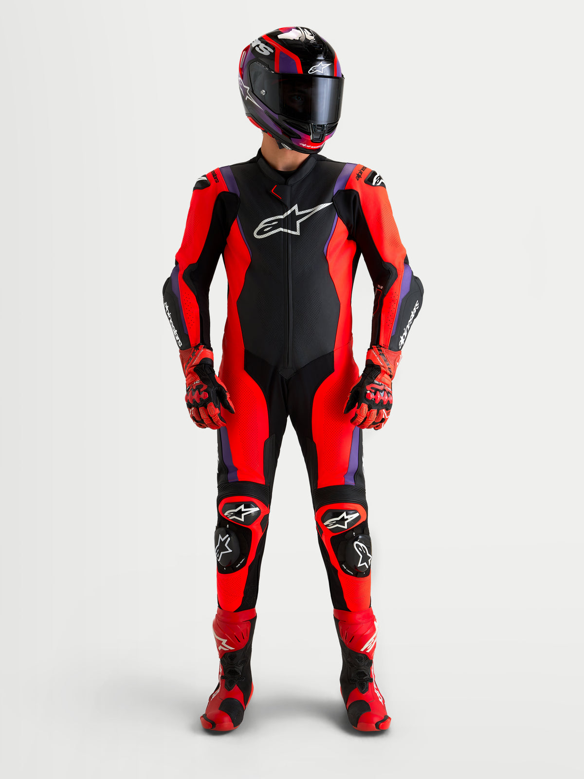 Alpinestars Missile V3 Leather Suit 1 Piece, men's racing leather suit, Black, Red Fluo, and Purple, AAA-certified with integrated protective armor and aerodynamic race fit