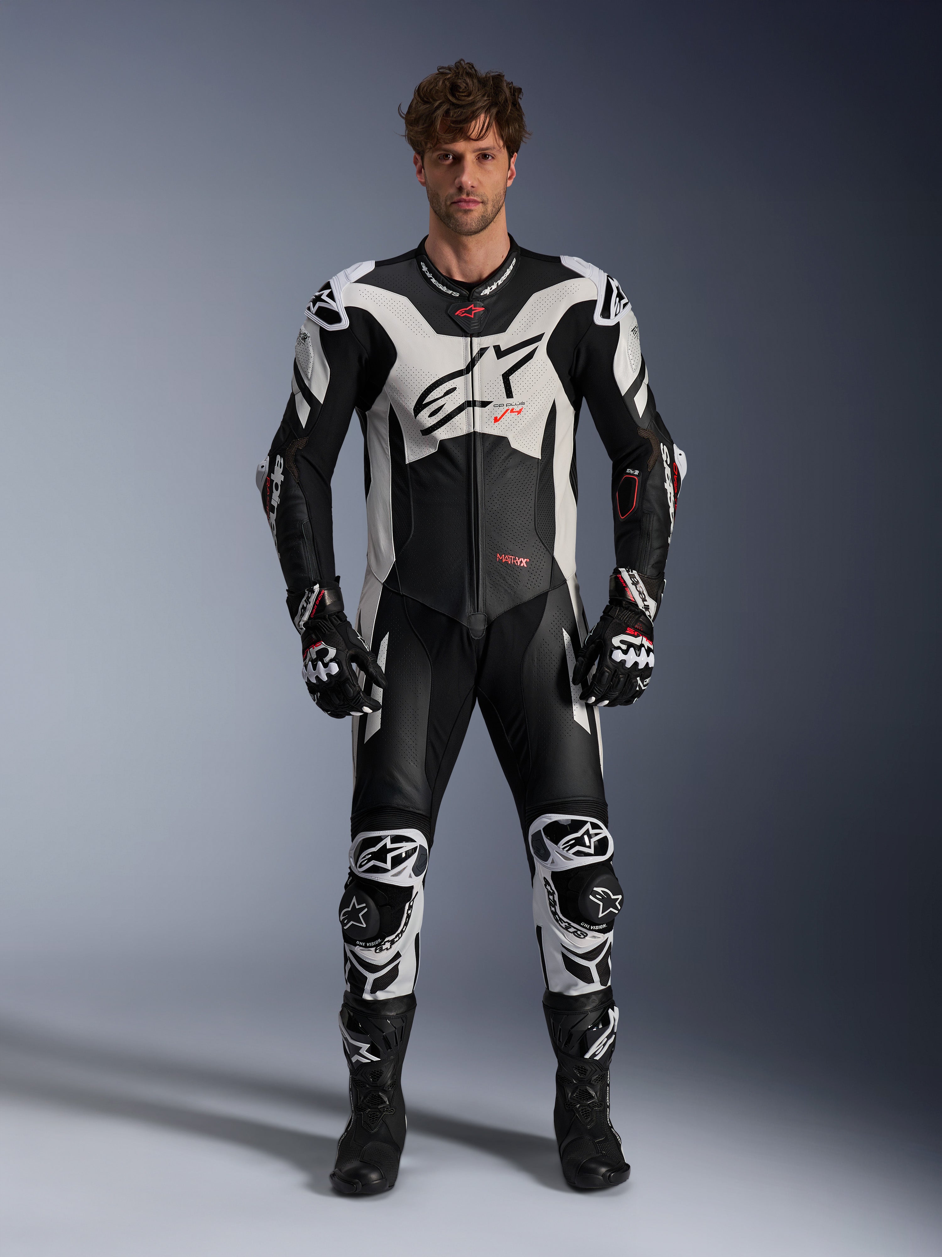 GP Plus V4 Sprint 1-Piece Leather Suit, Black/White/Red Fluo, 54