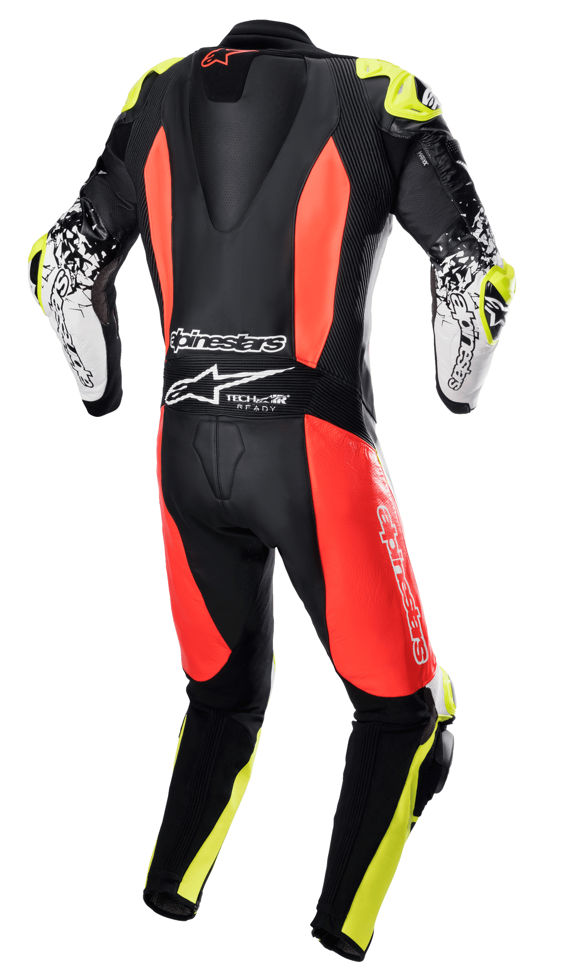 Alpinestars GP Tech V4 Leather Suit, 1-piece racing suit, Black Red Fluo and Yellow Fluo, rear view showing aerodynamic back hump, Alpinestars branding, and Tech-Air Ready logo, professional track performance design