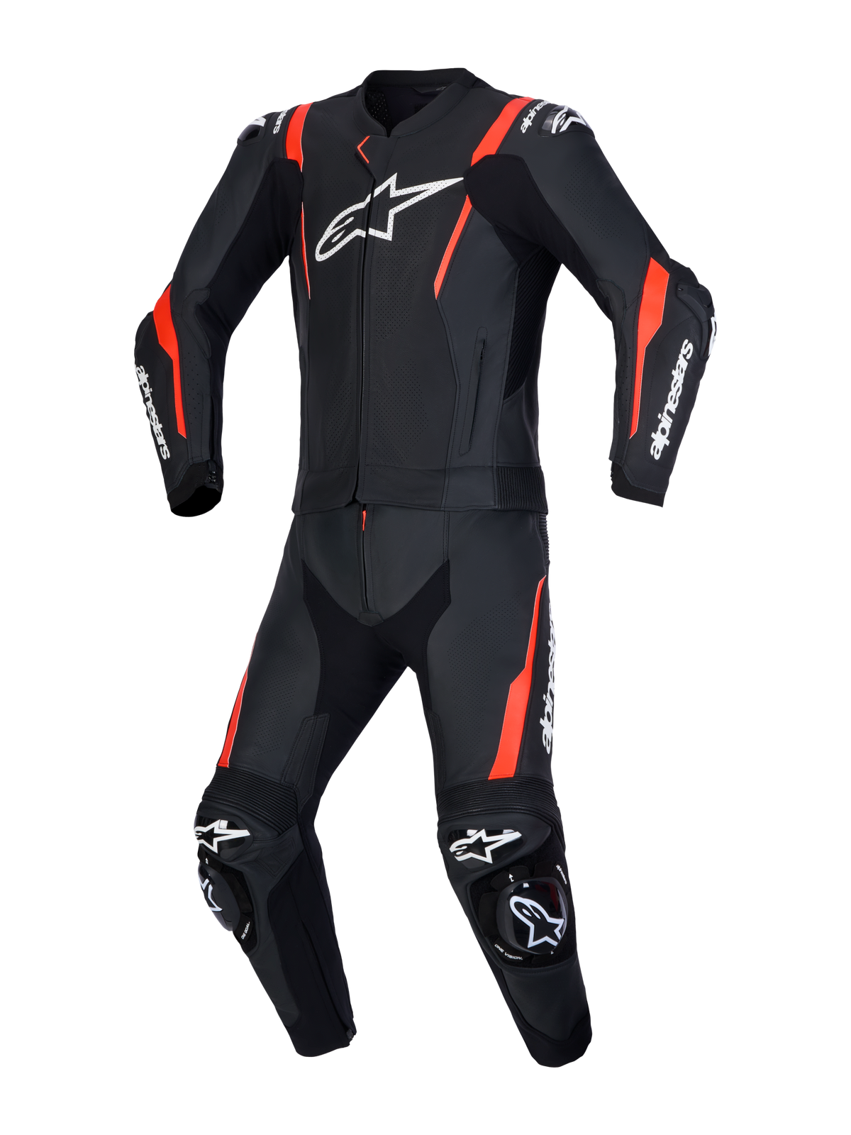 Alpinestars Missile V3 Leather Suit - 2 Piece, Black and Red Fluo, CE-certified AAA-rated motorcycle racing leather suit with DFS ST armor and Level 2 Plasma protection