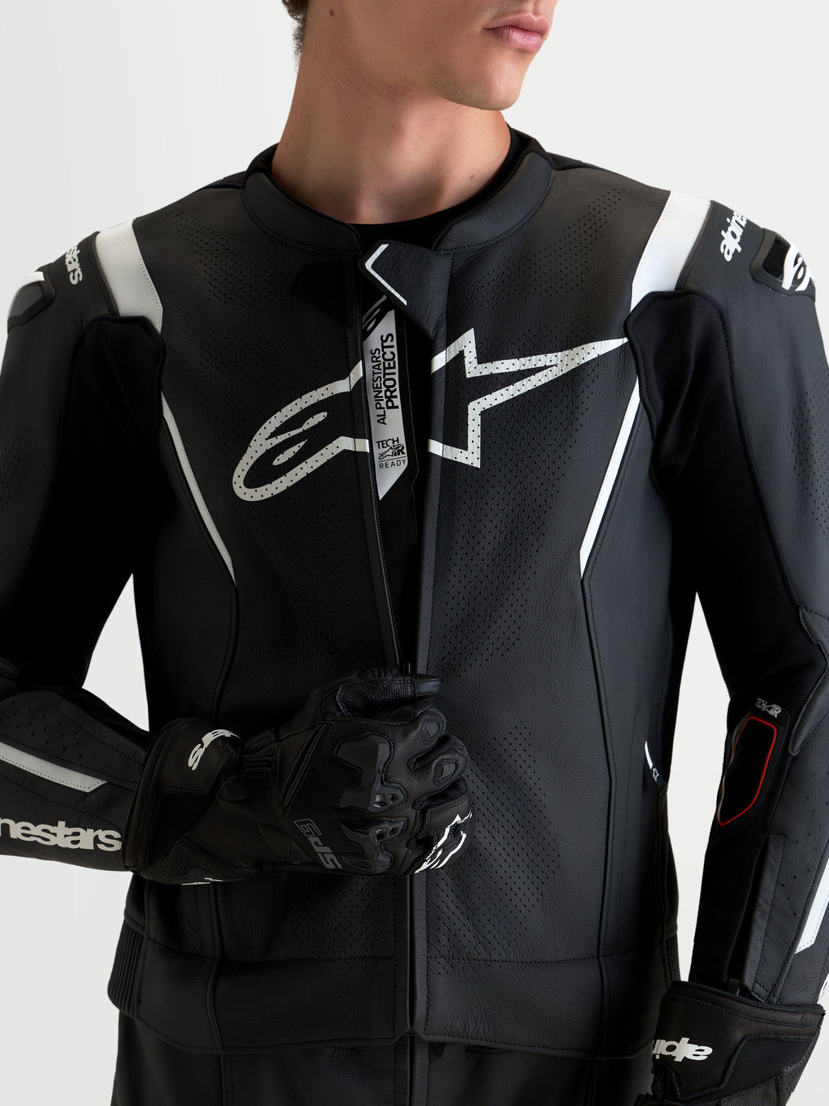 Alpinestars Missile V3 Leather Suit 2 Pc, men's two-piece motorcycle racing leather suit, Black and White, featuring ventilated race panels, DFS shoulder armor, and prominent Alpinestars chest logo branding