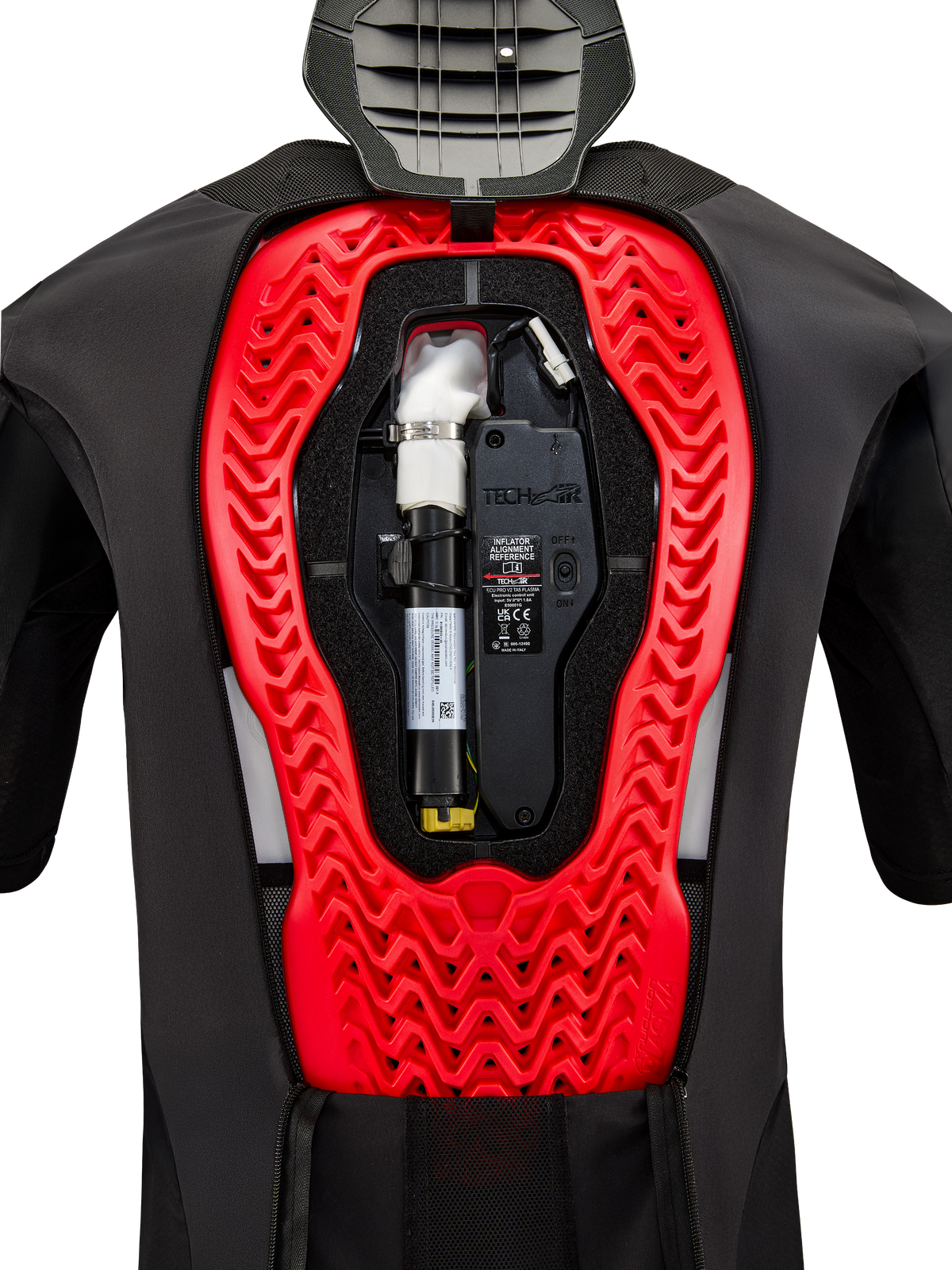 Alpinestars Tech-Air 5 Plasma Airbag System, internal view showing the installed black replacement canister and electronic control unit, integrated into a bright red Nucleon Plasma back protector within a black protective vest