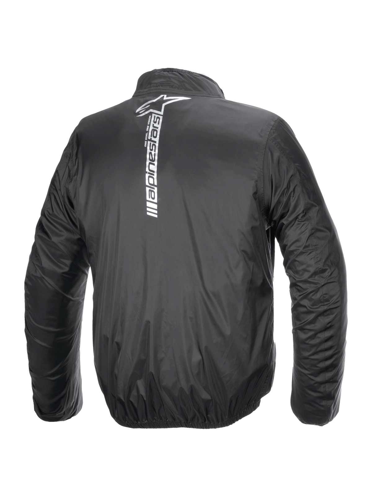 Alpinestars Hurricane Rain V2 Jacket, Waterproof Motorcycle Rain Jacket, Black, Rear view featuring a large vertical white Alpinestars logo and wordmark on the center back, lightweight laminated fabric with elasticated cuffs and waist