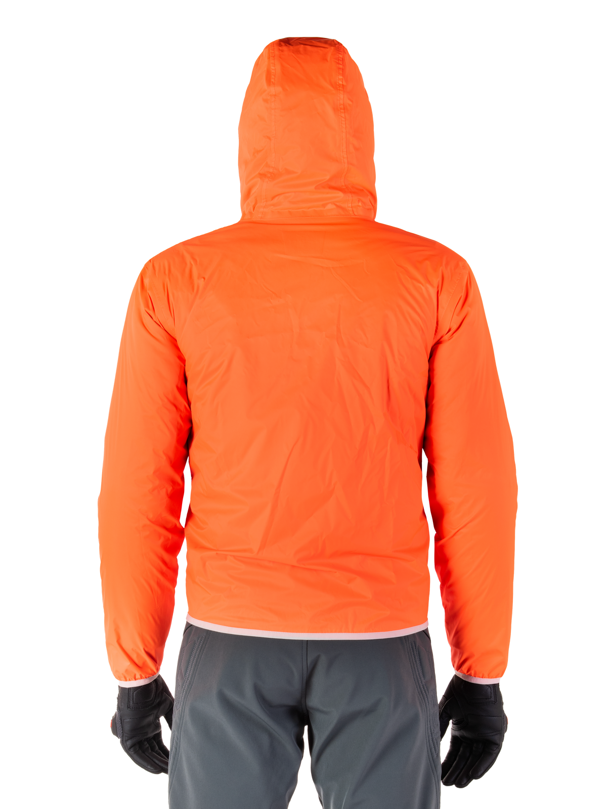 Alpinestars Mohobbs Waterproof Jacket, Bright Orange Fluo packable raincover, rear view of hooded lightweight jacket, worn with dark gray riding pants and black gloves