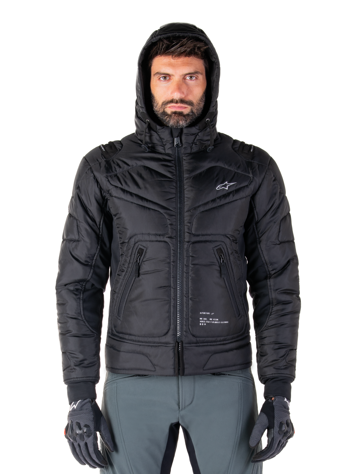 Alpinestars Mohobbs Waterproof Jacket, black quilted motorcycle bomber jacket, hooded design with white star logo on chest, front zip closure, urban streetwear style for riders