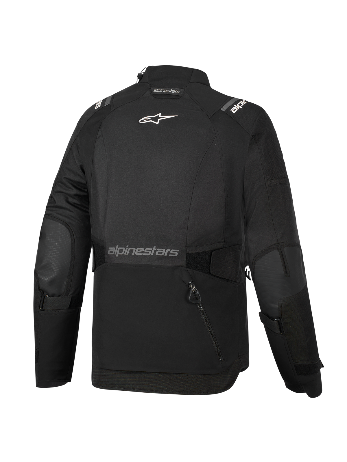 Alpinestars Woman Stella Andes V4 Drystar® Jacket, Black, back view, featuring a large rear storage pocket, white Alpinestars logo on upper back and text branding on lower back, adjustable waist and arm straps, durable textile adventure touring jacket