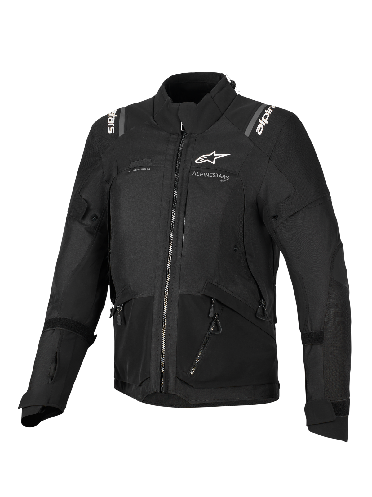 Alpinestars Stella Andes V4 Drystar® Jacket, women's motorcycle jacket in black, front view showcasing white logos on the chest and shoulders, multi-panel textile design, waterproof adventure-touring apparel