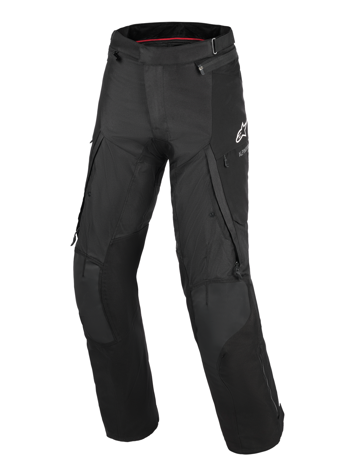 Alpinestars Andes V4 Drystar® Pants - Long, Black motorcycle adventure-touring pants, featuring large cargo pockets, reinforced knee panels, zippered ventilation on thighs, and a white Alpinestars logo on the left thigh.