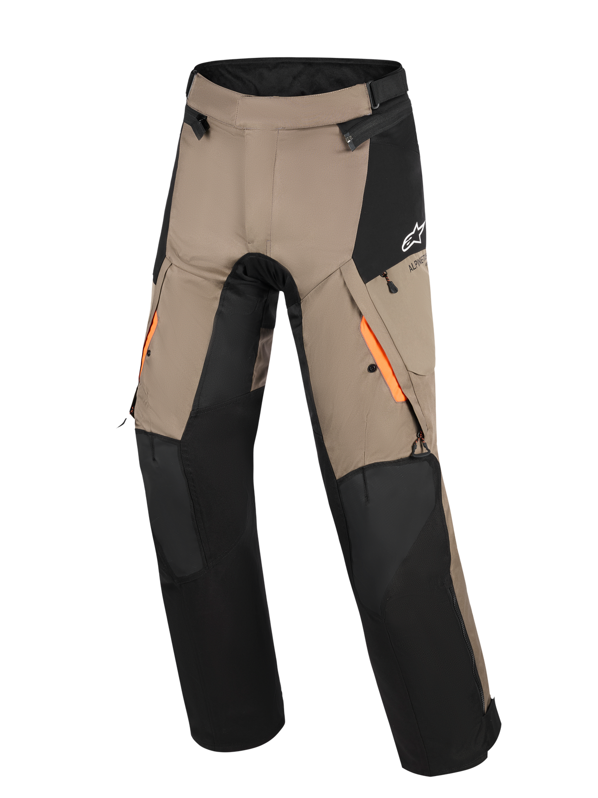 Alpinestars Andes V4 Drystar® Pants, Adventure Touring Pants, Walnut and Black, featuring orange accents on thigh ventilation openings, reinforced knee panels, and water-resistant cargo pockets.
