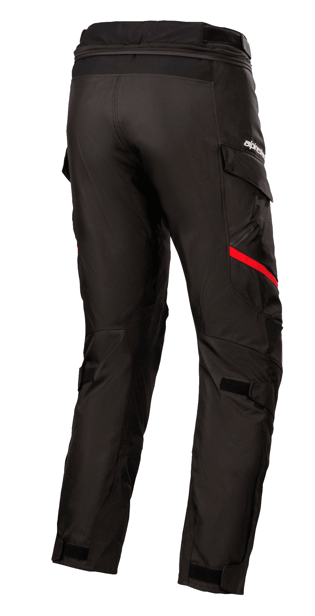 Alpinestars Honda Andes V3 Drystar® Pants, adventure touring motorcycle pants, black and red textile, rear side view.