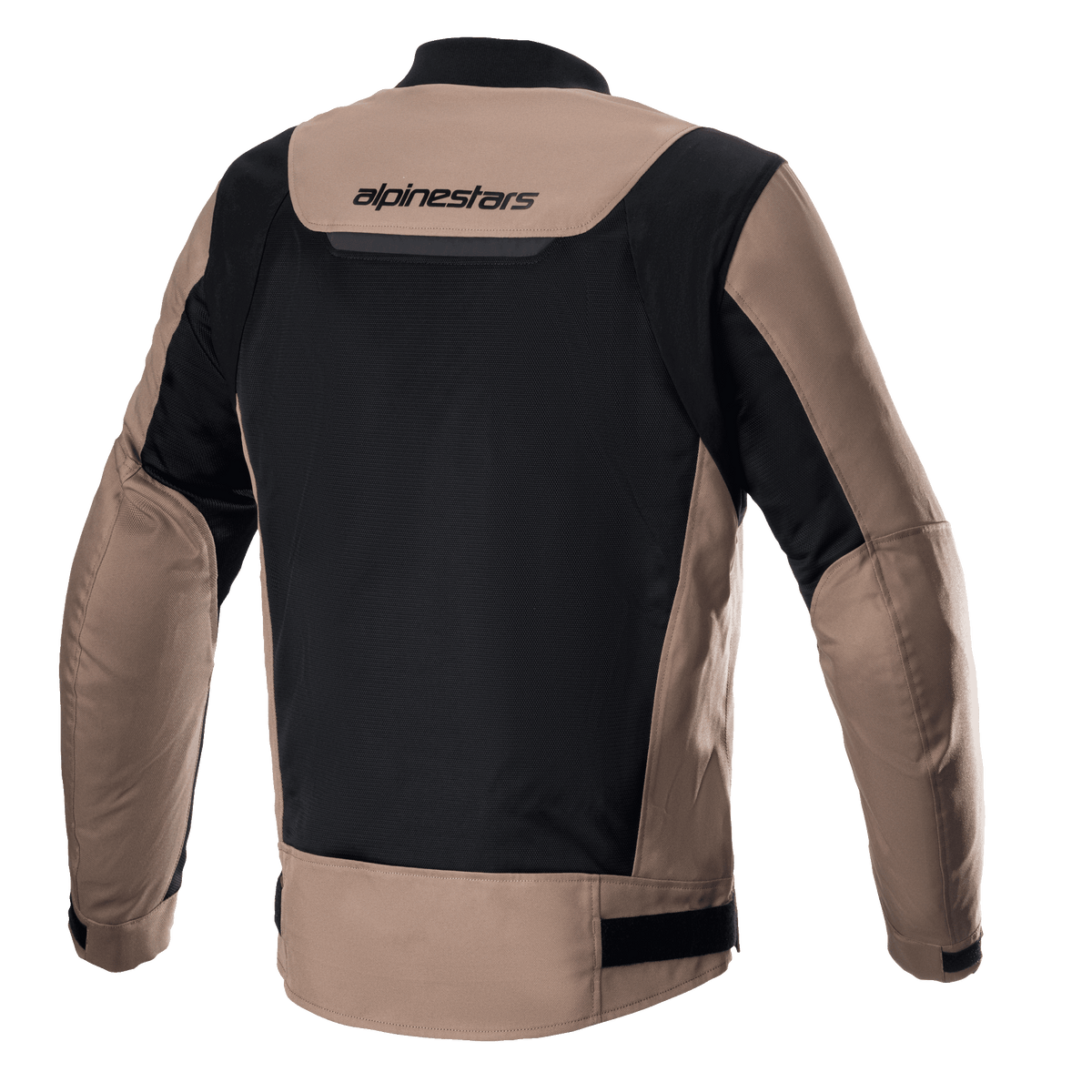 Alpinestars Luc V2 Air Jacket, Textile Motorcycle Jacket, Gobi Brown and Black, back view featuring a large black mesh panel for ventilation, brown sleeves and shoulders, Alpinestars wordmark on the upper back, and an elongated rear profile.