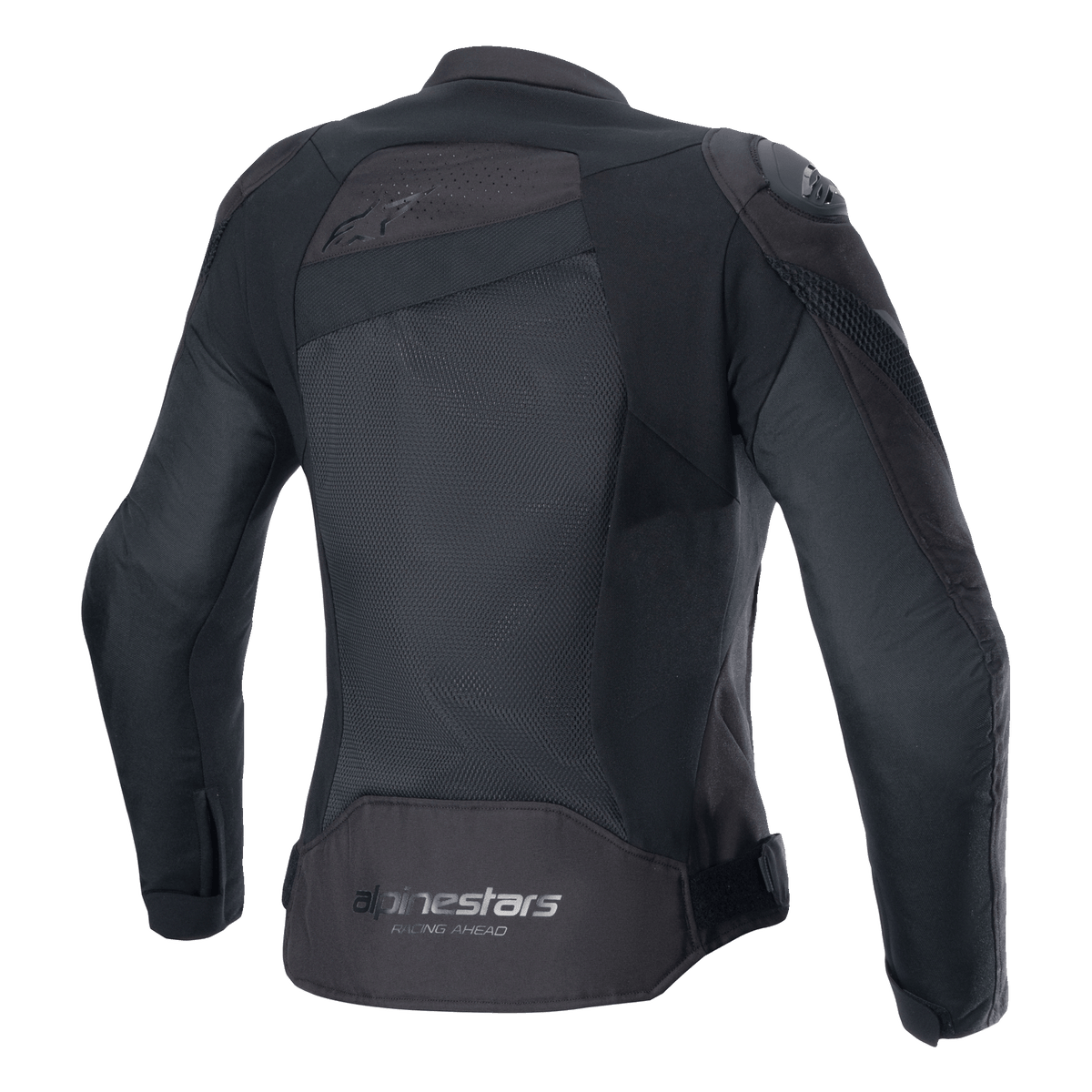 Alpinestars Stella T-GP Plus R V4 Airflow Jacket, Black, back view featuring large mesh panels for maximum airflow, 'Alpinestars Racing Ahead' branding on lower back, women's sport textile motorcycle jacket