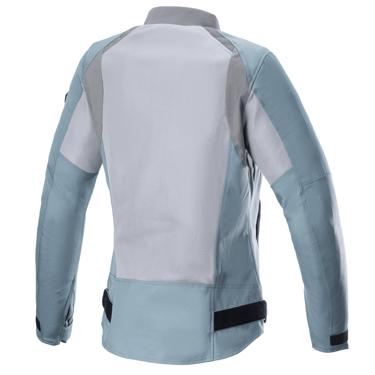 Alpinestars Eloise V2 Women's Air Jacket, back view, Sage Dark Gray, extensive mesh panels for cooling, black adjustable waist straps, elongated rear profile, modern textile motorcycle jacket designed for women