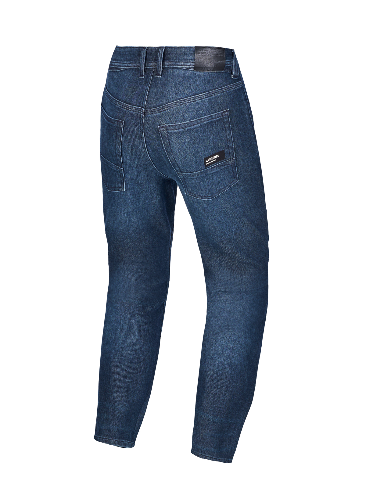 Alpinestars Flex-AST 10 Tough Max Denim Pants, Men's Motorcycle Riding Jeans, Dark Blue, rear view showing leather patch and pocket branding, CE Class AAA certified