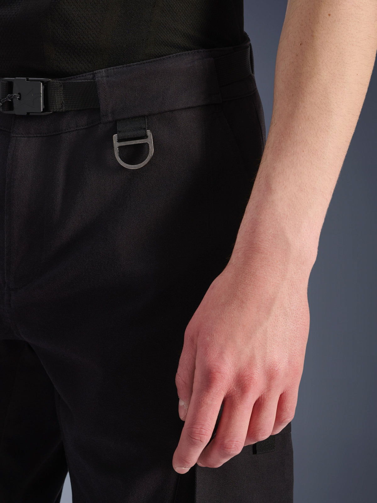 Alpinestars Flex-AST Cargo Pants - Short, Black, close-up of the waist area showing the integrated belt with buckle, metal D-ring detail, and durable textile construction.