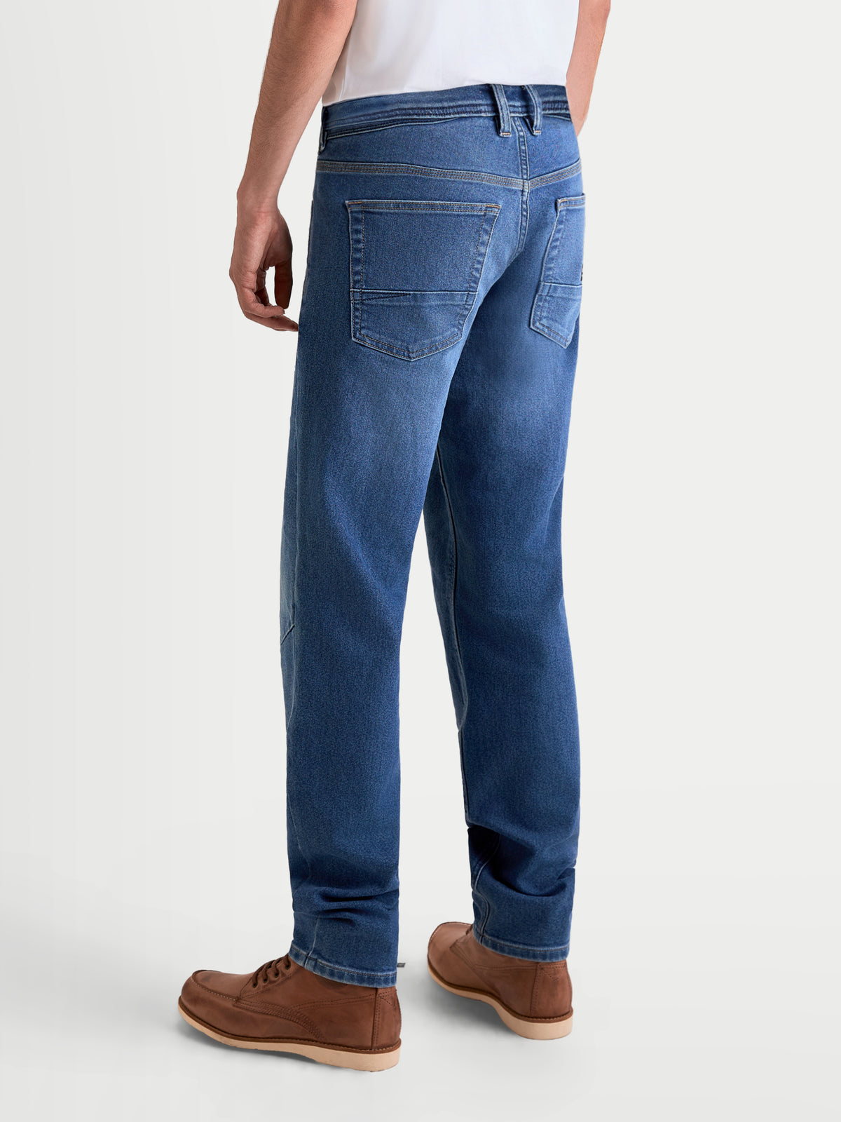 Alpinestars Flex-AST 7 Denim Pants Short, men's urban motorcycle riding jeans in light blue, rear view on a model showing single-layer technical denim construction and five-pocket layout