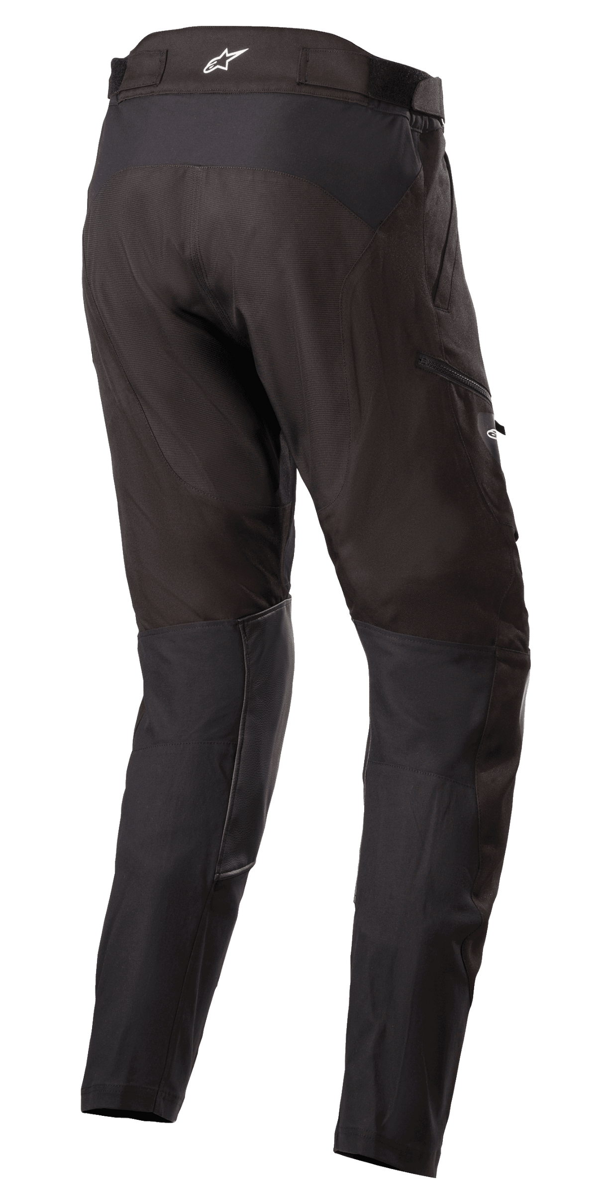 Alpinestars Venture XT Pants In Boot, Black Adventure Touring Pants, Rear three-quarter view showing water-resistant textile construction, PU film reinforcements on the inner leg, adjustable waistband with white star logo, designed for dual-sport motorcycle riding