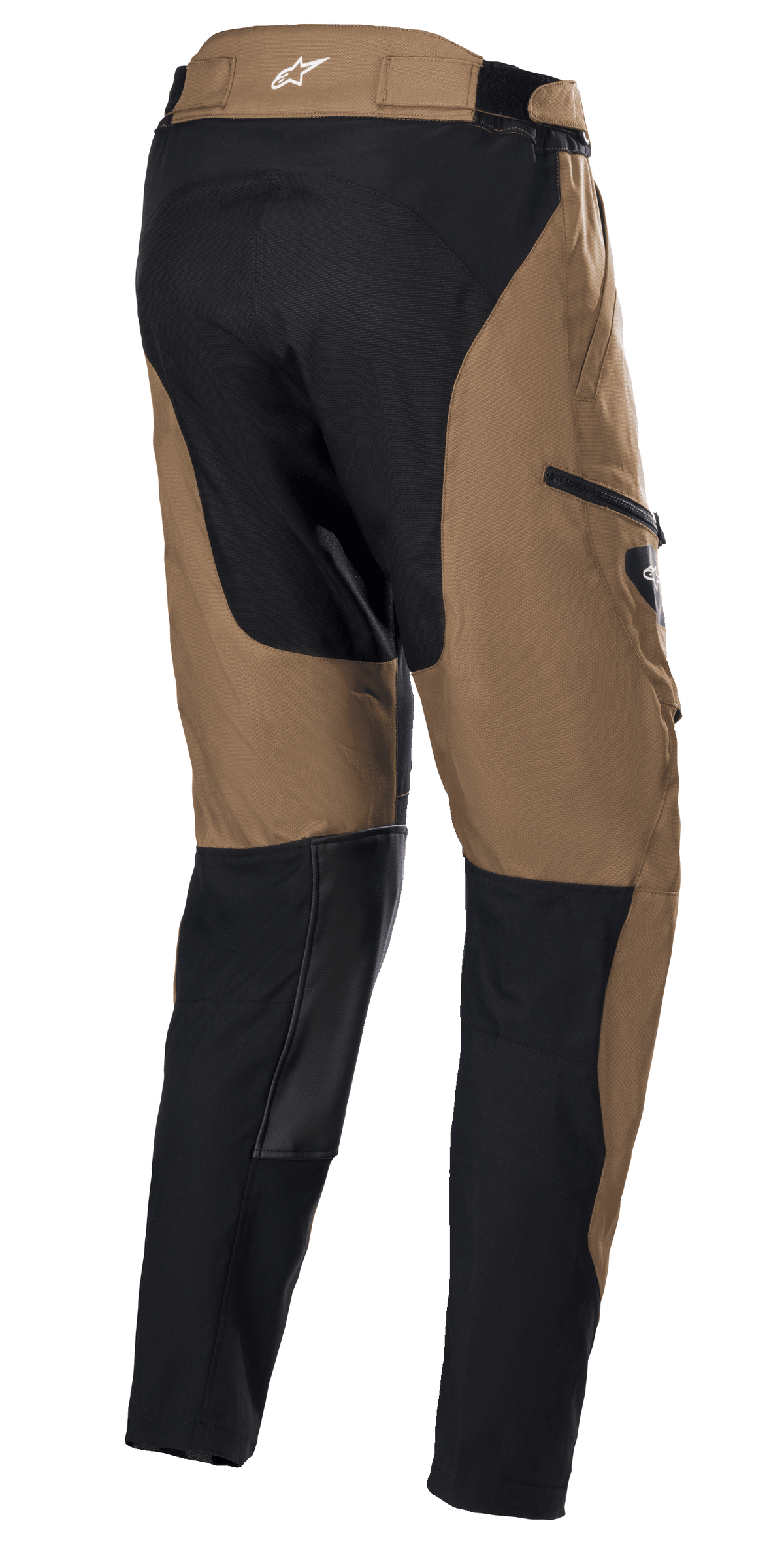 Alpinestars Venture XT Pants In Boot, Adventure Touring Pants, Camel Black, rear three-quarter view showing black reinforced panels on the seat and inner lower legs, tan textile main shell with a white star logo on the waistband, designed for dual-sport and off-road riding.