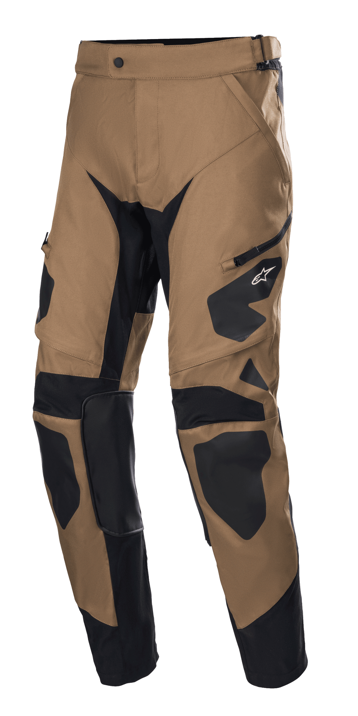 Alpinestars Venture XT Pants In Boot, Motorcycle Adventure Pants, Camel and Black, featuring reinforced black panels on knees and thighs, side zipper pocket, durable textured fabric, and a tapered leg design for off-road and touring