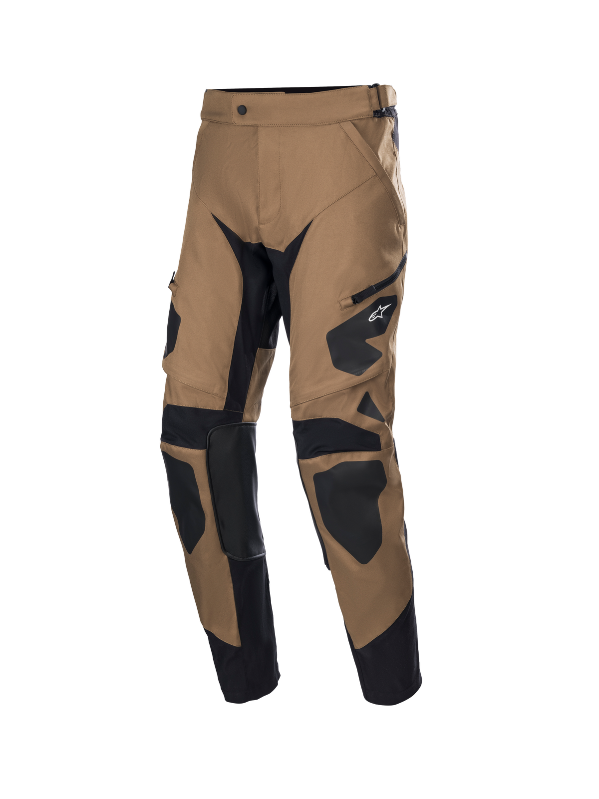 Alpinestars Venture XT In Boot Pants, Adventure Touring Motorcycle Pants, Camel Brown and Black, Front View featuring Water-Resistant Textile Construction, Ventilation Zippers, and Reinforced Knee Panels.