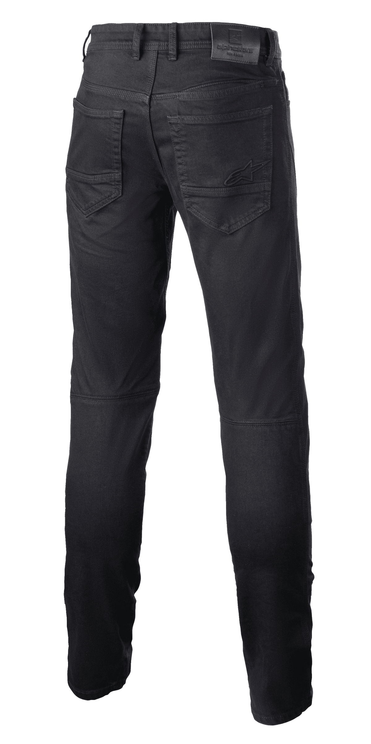 Alpinestars Argon Slim Fit Denim Pants, Black technical riding jeans, back view showing rear pockets with embroidered star logo, leather waistband patch, slim fit design for urban motorcycle use