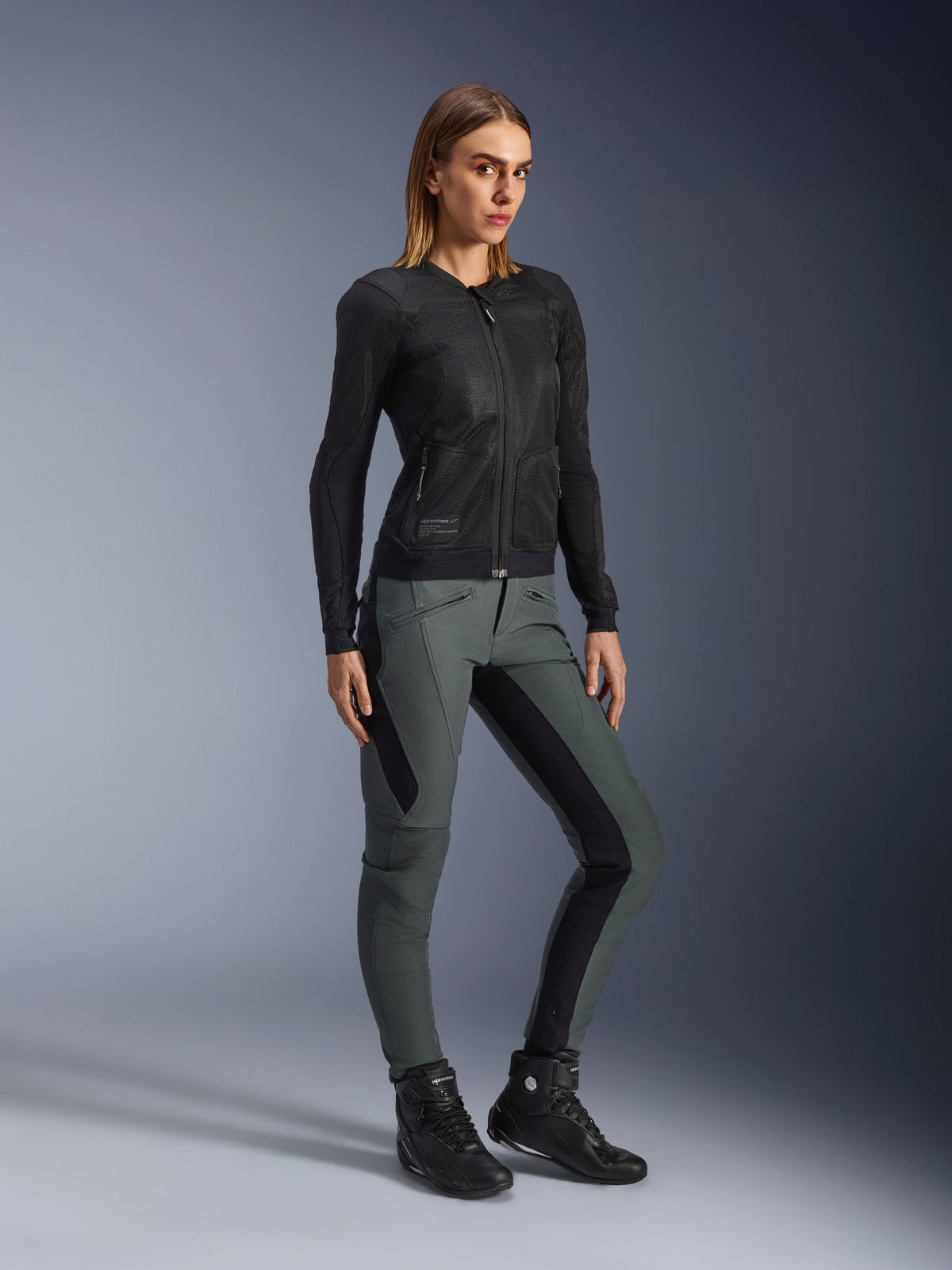 Alpinestars Alamosa Women's Pants, Urban Gray slim fit textile motorcycle pants with black stretch panels for urban riding.