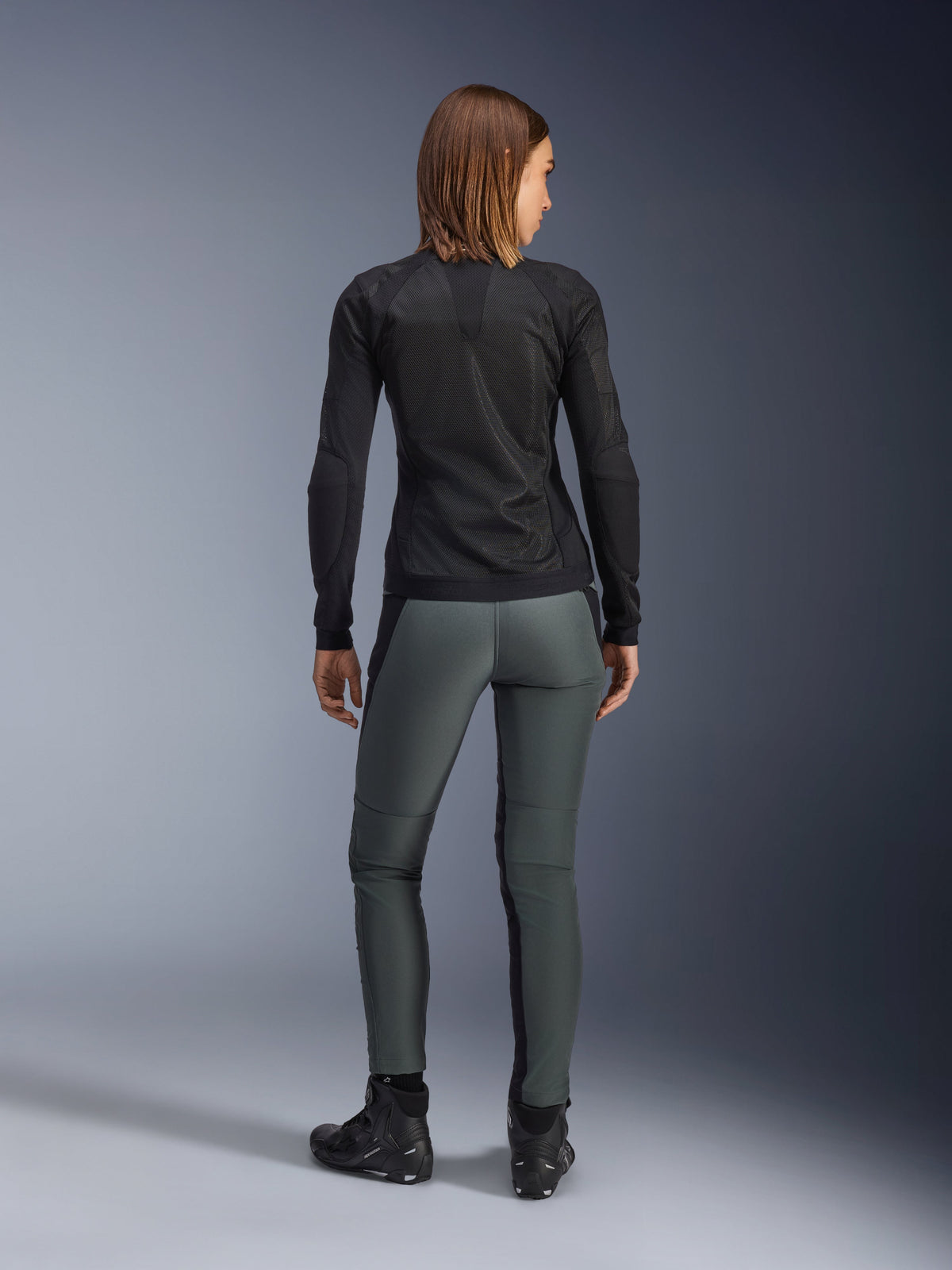 Alpinestars Alamosa Women's Pants, Urban Gray slim-fit motorcycle pants, protective softshell, rear view on model.