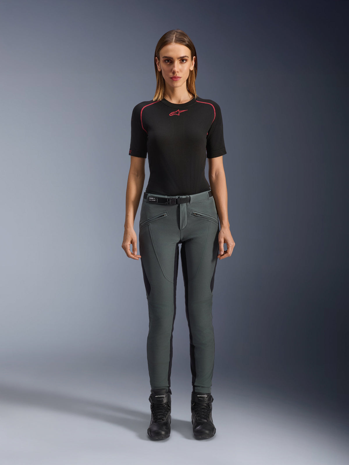 Alpinestars Alamosa Women's Pants, Urban Gray slim-fit motorcycle riding pants, stretch softshell with CE armor.