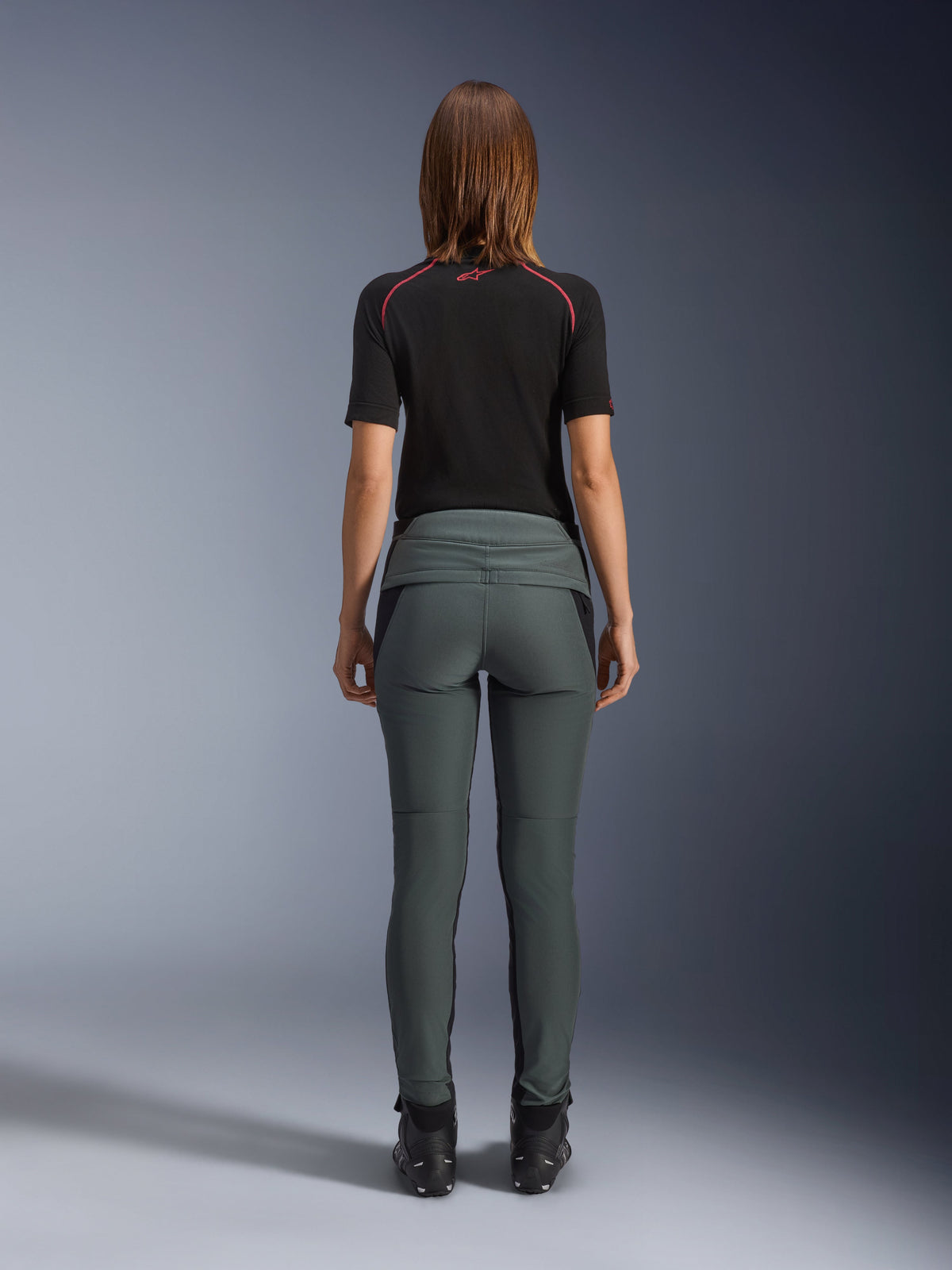Alpinestars Alamosa Women's Pants in Urban Gray, slim fit urban motorcycle riding pants with quilted back waist, rear view.