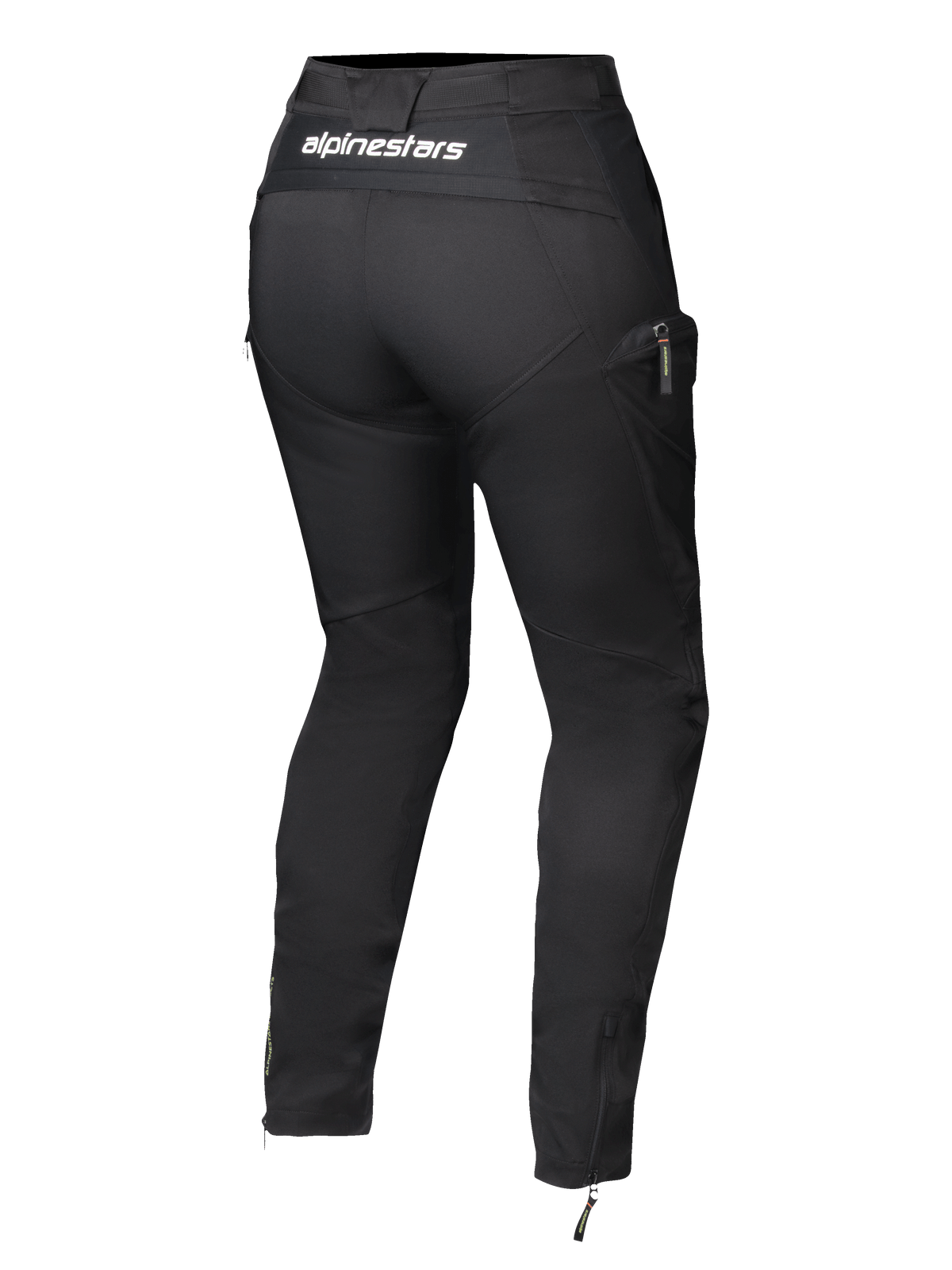 Alpinestars Actea Women's Pants, Black, back view featuring white branding on the waistband, tapered silhouette with side cargo pocket, ankle zippers, modern motorcycle riding pants