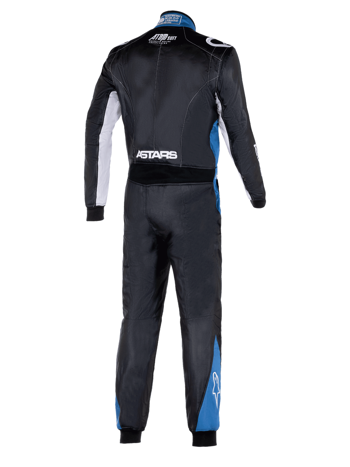 Alpinestars Atom Graphic 4 Suit, full-body back view of auto racing suit, Black with silver and blue accents, featuring white ASTARS branding on the waist and blue panels on legs, professional FIA-certified motorsport protective clothing