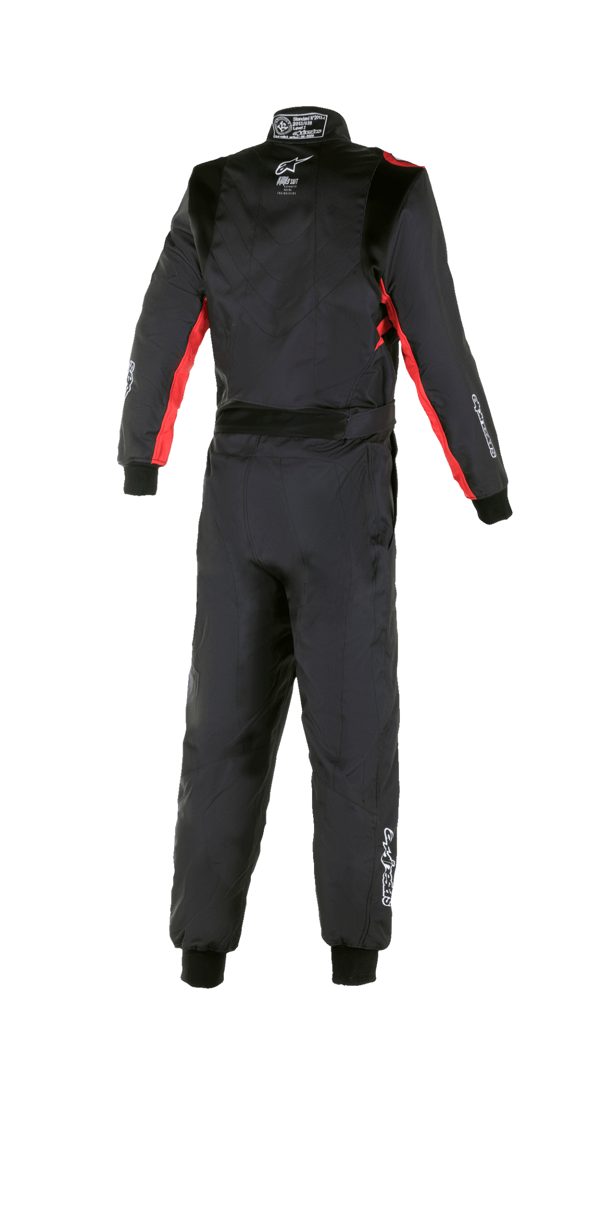 Alpinestars Youth KMX-9 V2 Graphic 3 Suit, Karting Suit, Black and Red, rear view, featuring red accents on sleeves and sides, white Alpinestars logos on back and leg, one-piece protective racing suit.