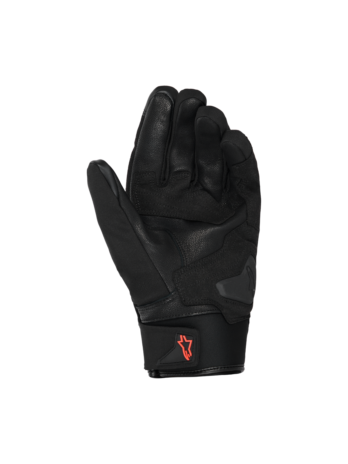 Alpinestars SP X Z Waterproof Gloves, Motorcycle Gloves, Black with Red Fluo logo, palm view showing leather construction and reinforced grip areas, neoprene cuff with pull tab, high-performance street riding gear