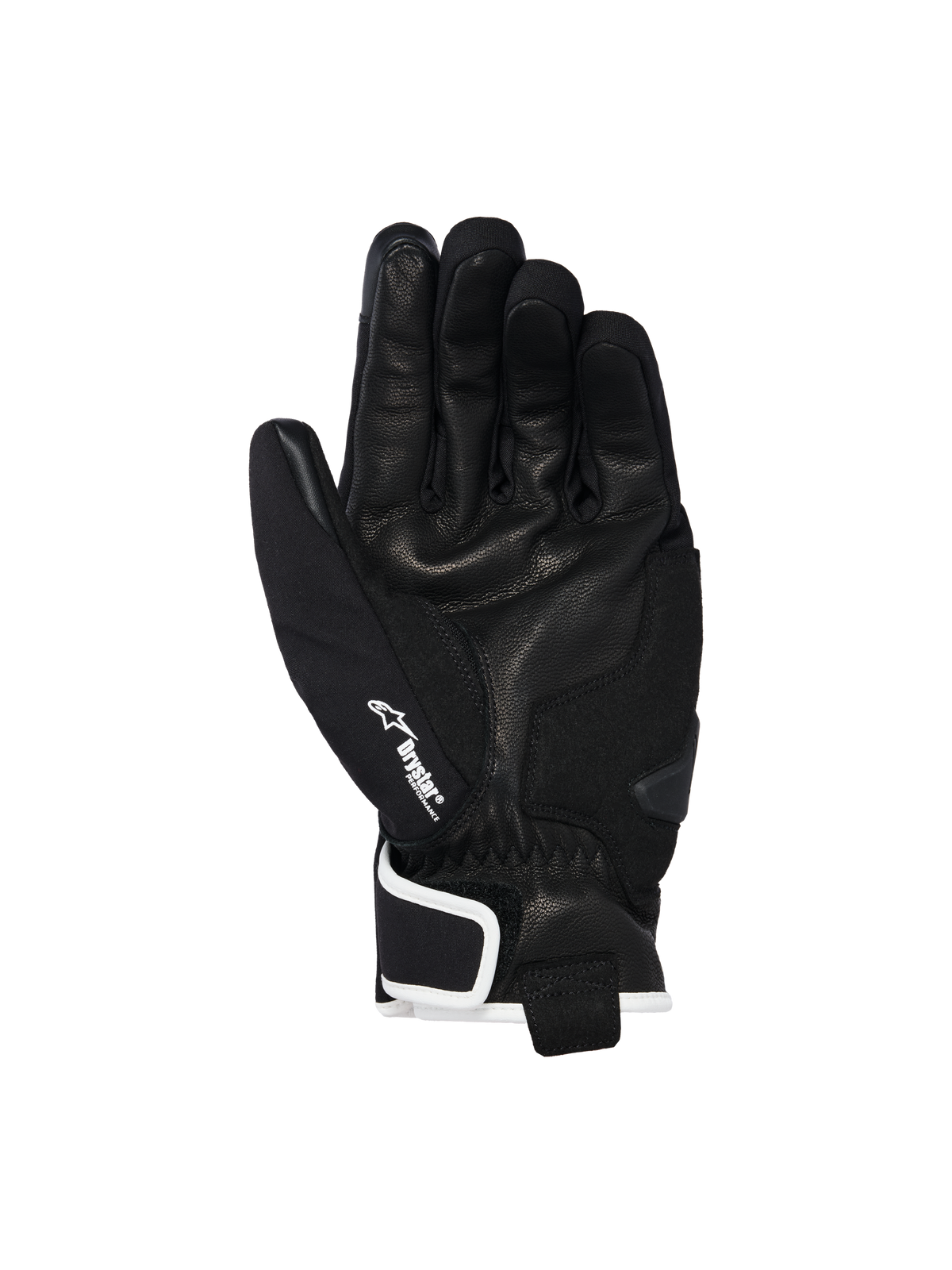 Alpinestars Moblast Waterproof Gloves, Black with Off-White trim, palm side view showing goat leather construction, white Drystar logo on the thumb, and palm slider reinforcement, short-cuff urban motorcycle gear