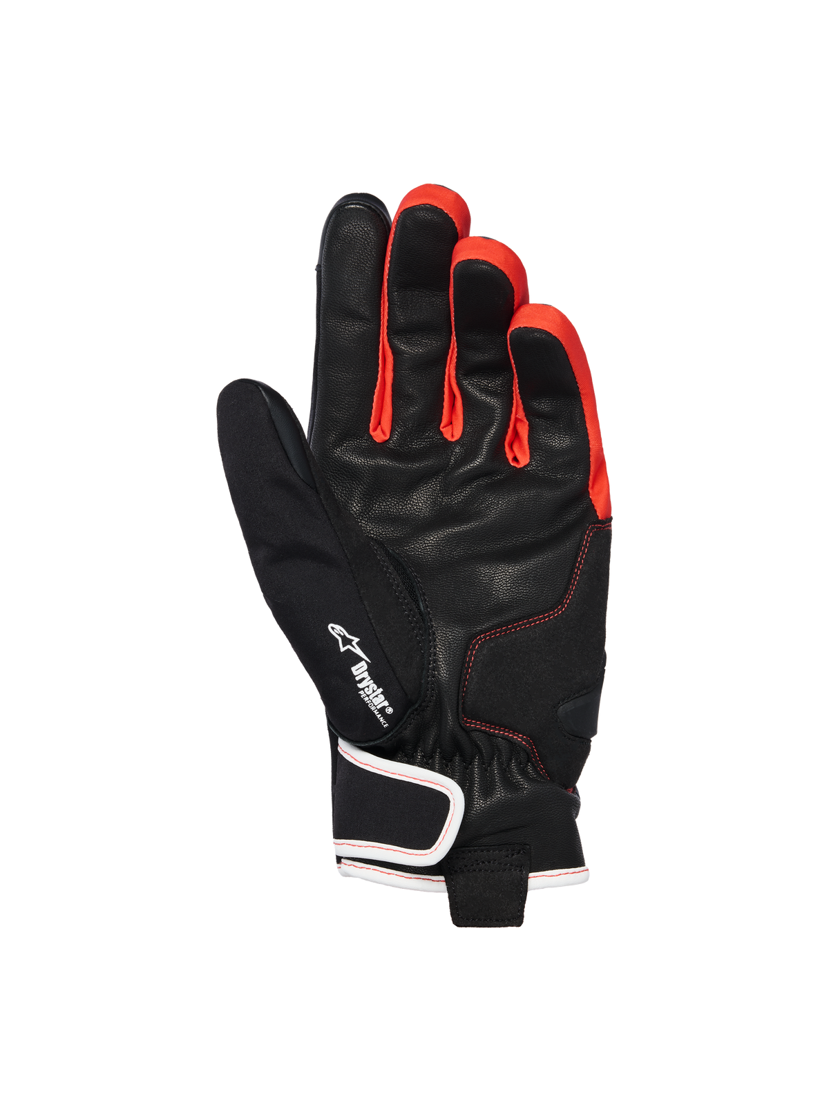 Alpinestars Moblast Waterproof Gloves, Black Anthracite Orange, palm view showing goat leather construction, featuring Drystar logo, vibrant orange accents between fingers, and short-cuff design with white-trimmed wrist closure