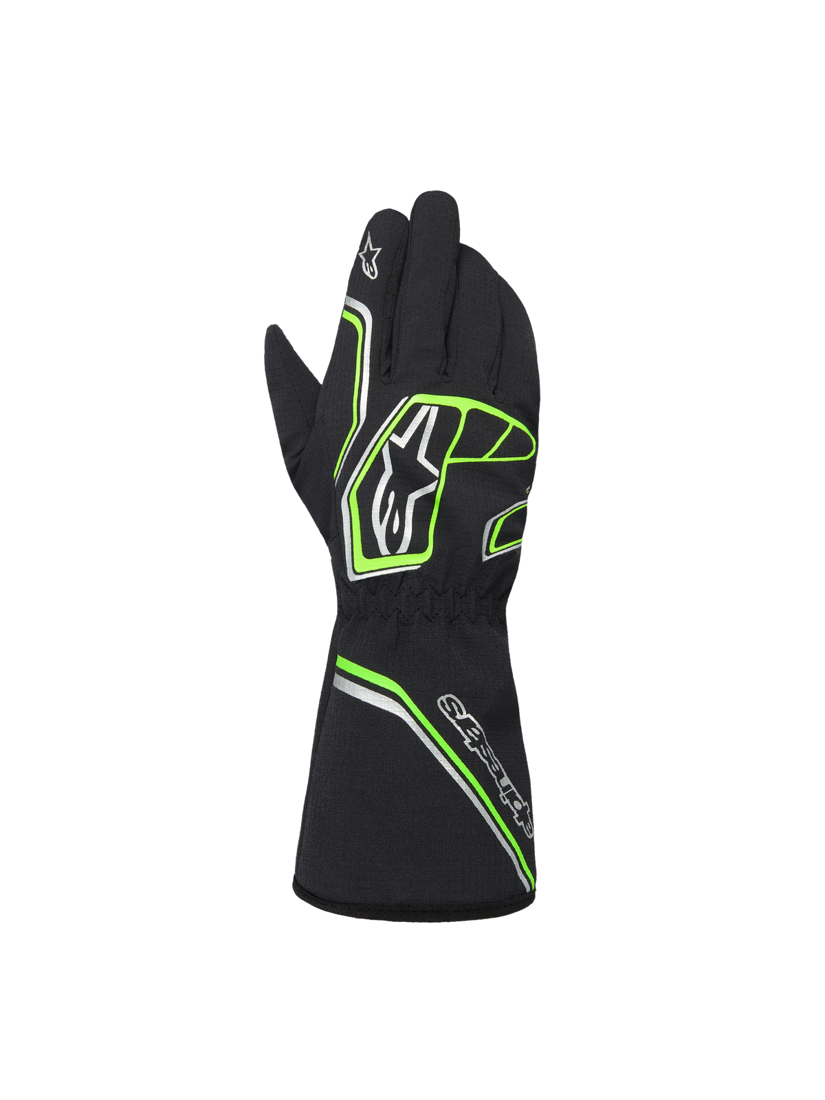Alpinestars Youth Tempest V3 Waterproof S Gloves, Black with Neon Green and Silver accents, back view showing gauntlet style, fluo green geometric patterns and Astar logos, waterproof karting gloves for youth drivers