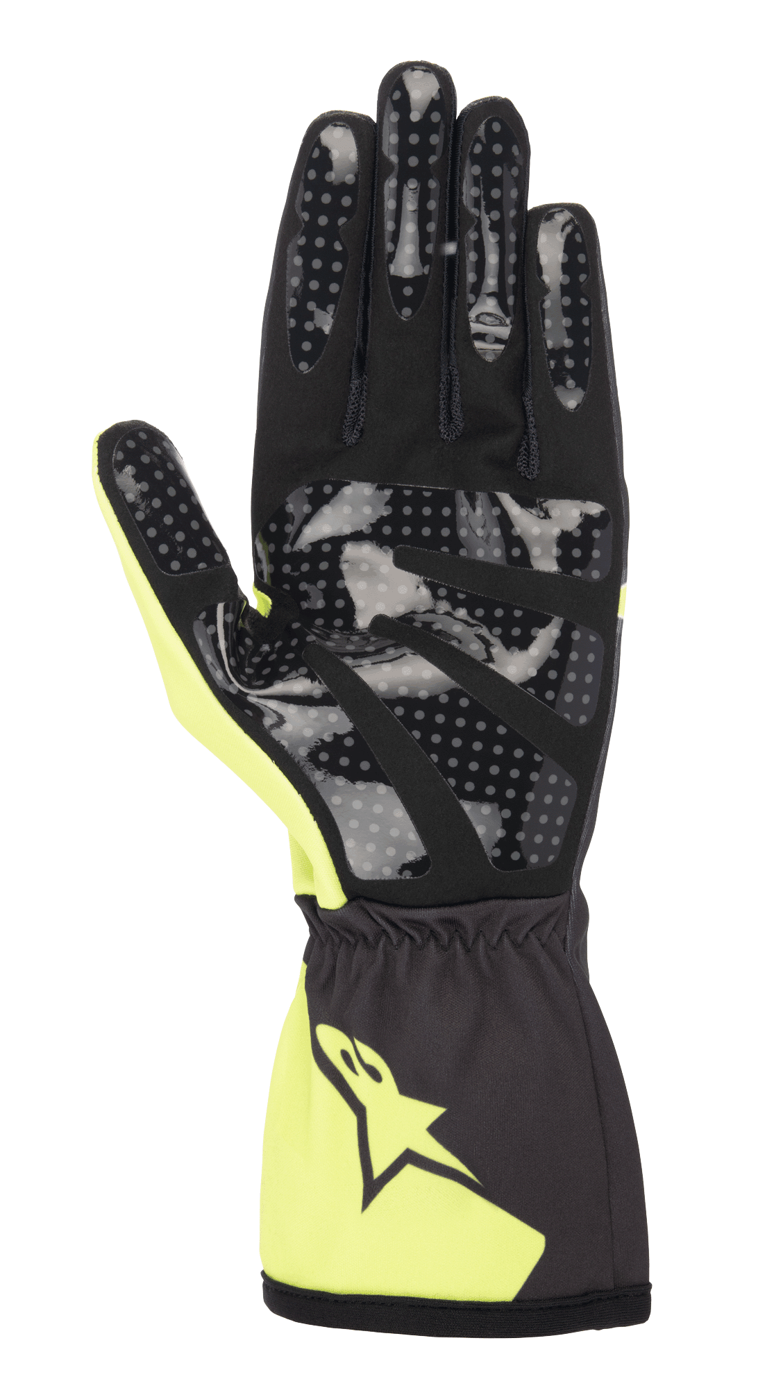 Alpinestars Tech-1 K Race V2 Corporate karting gloves in anthracite and lime green with silicone-printed palms for grip.