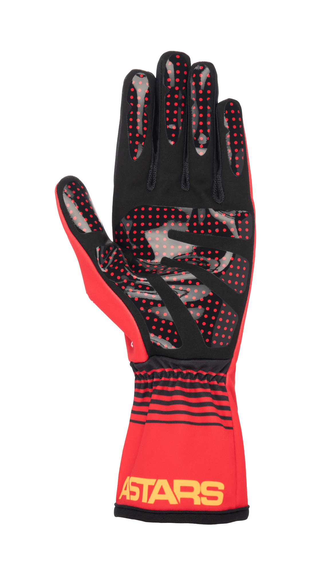 Alpinestars Youth Tech-1 K Race S V2 Future Gloves, Karting Gloves, Red Tangerine and Black, palm view featuring red silicone grip dots, yellow ASTARS logo on the cuff, elasticated wrist design
