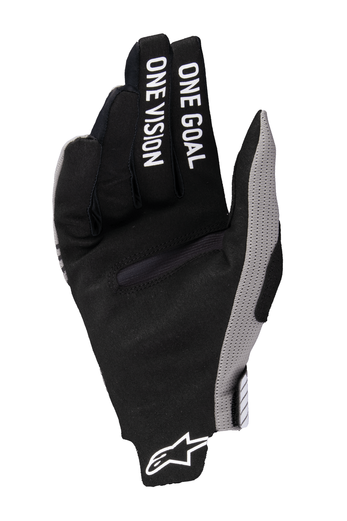Alpinestars 2025 Radar Pro Gloves, Motocross Gloves, Black with Grey accents, palm view featuring 'ONE GOAL ONE VISION' printed on the fingers, synthetic suede material, minimalist design for off-road performance