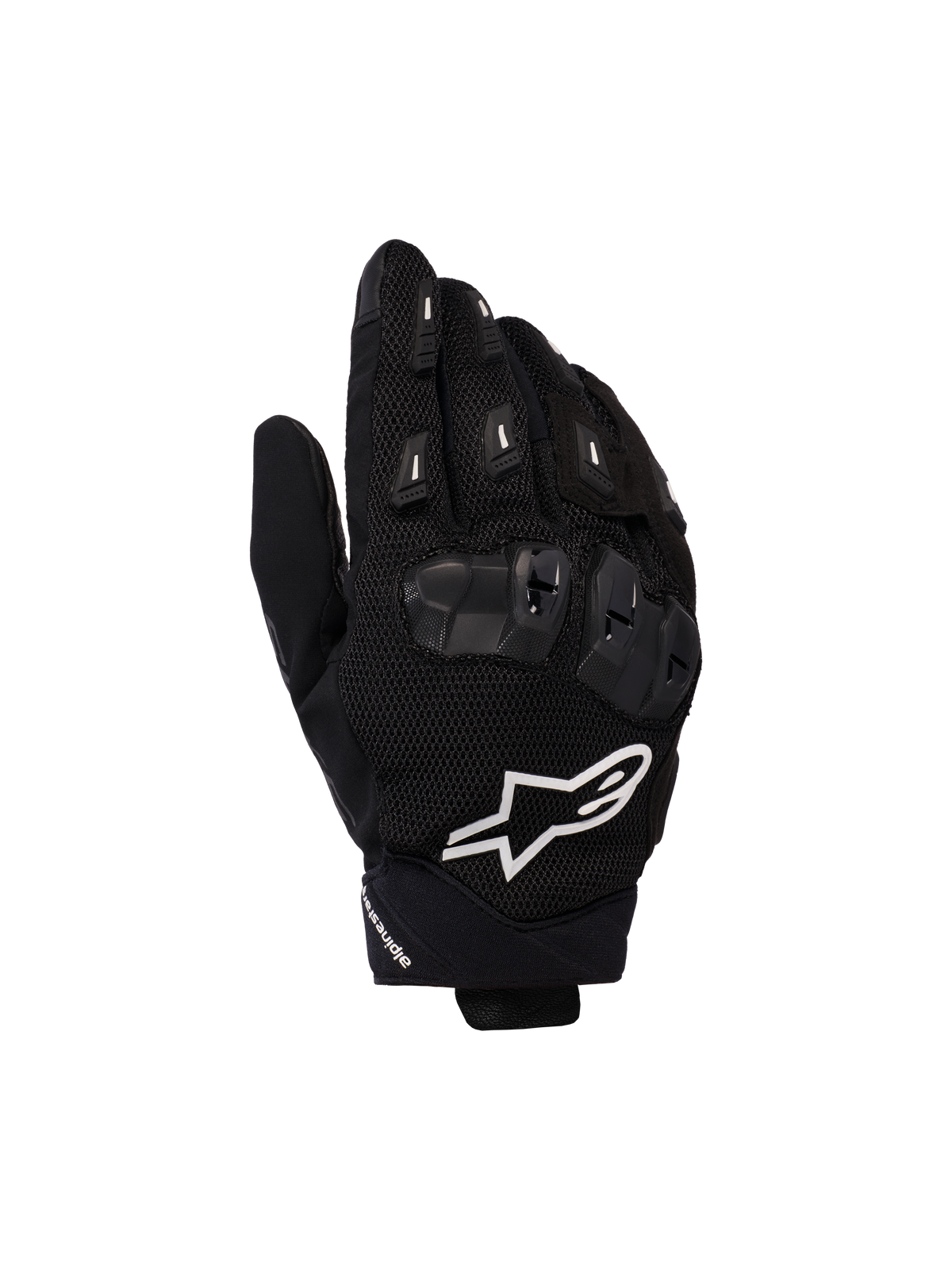 Alpinestars SP X 5 Air Gloves, Motorcycle Racing Gloves, Black with White Logo, featuring 3D mesh construction, TPU knuckle protection, and finger sliders