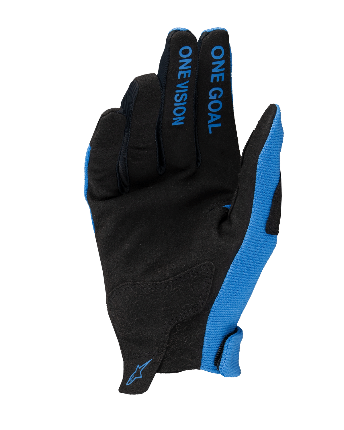 Alpinestars 2025 Radar Gloves, Motocross Gloves, Blue and Black, palm view featuring synthetic suede, 'ONE GOAL ONE VISION' text on fingers, blue side panels and small logo on the wrist, lightweight off-road racing design