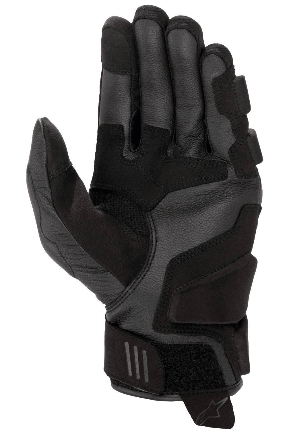 Alpinestars Women Stella Phenom Leather Air Glove, Black, palm view showing reinforced goat leather construction, padded landing zones, ergonomic stretch inserts, and velcro wrist strap with pull tab
